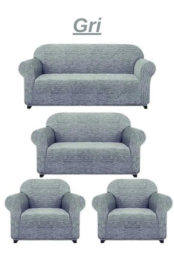 Kanway Likralı Jakarlı Süngersiz Kırçıllı Giydirmeli Gri 3-2-1-1 Koltuk Örtüsü 180x230 cm
