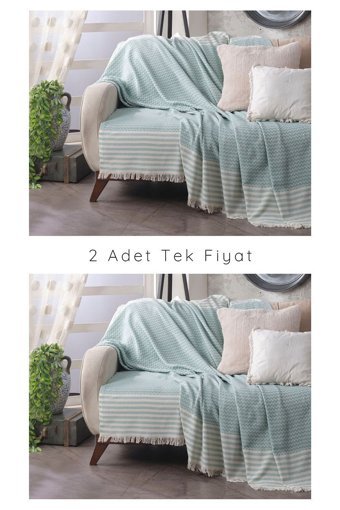 Lux Touch Olimpos Pamuklu Saçaklı Süngersiz Geometrik Desenli Yeşil Tekli Koltuk Örtüsü 180x200 cm