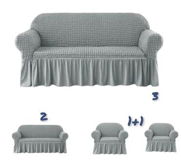 Güzel Aral GA-3211 Pamuklu - Polyester Bürümcük Fırfırlı Kapitone Giydirmeli Lastikli Gri 3-2-1-1 Koltuk Örtüsü 180x230 cm