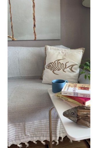 Lapipa Pamuklu Saçaklı Süngersiz Armürlü Gri Tekli Koltuk Örtüsü 180x315 cm