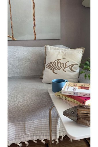 Lapipa Pamuklu Saçaklı Süngersiz Armürlü Gri Tekli Koltuk Örtüsü 180x315 cm