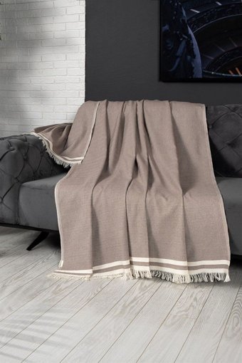Denizli Concept Pamuklu - Polyester Kanvas Saçaklı Süngersiz Armürlü Kahverengi Üçlü Koltuk Örtüsü 170x230 cm