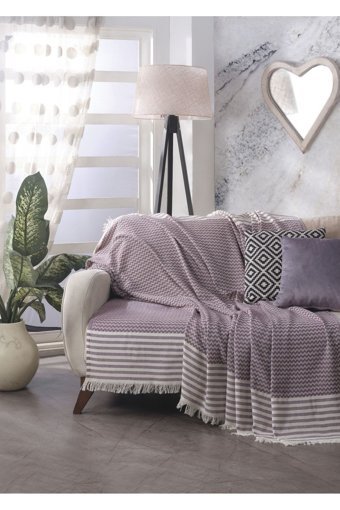 Lux Touch Olimpos Pamuklu Püsküllü Süngersiz Geometrik Desenli Mor Tekli Koltuk Örtüsü 180x200 cm