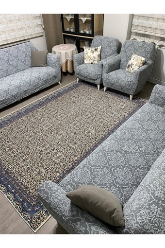 Uyumev Pamuklu - Polyester Likralı Süngerli Çiçek Desenli Giydirmeli Gri Dörtlü Koltuk Örtüsü 180x230 cm