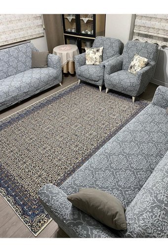 Uyumev Pamuklu - Polyester Likralı Süngerli Çiçek Desenli Giydirmeli Gri Dörtlü Koltuk Örtüsü 180x230 cm