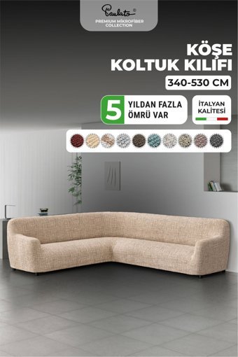 Paulato Mikrofiber Likralı Jakarlı Süngersiz Çizgili Giydirmeli Bej Üçlü Koltuk Örtüsü 300x550 cm