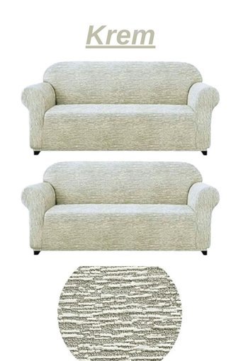 Furkanticaret Polyester Jakarlı Süngersiz Kırçıllı Giydirmeli Krem İkili Koltuk Örtüsü 180x230 cm