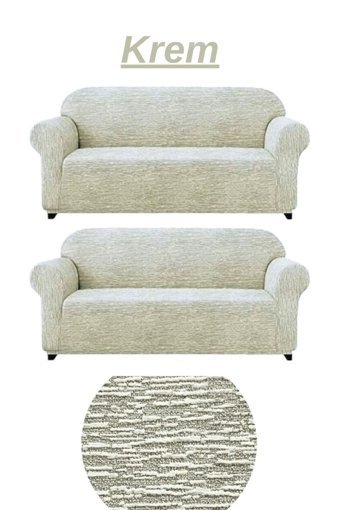 Furkanticaret Polyester Jakarlı Süngersiz Kırçıllı Giydirmeli Krem İkili Koltuk Örtüsü 180x230 cm