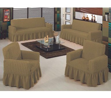 Bilgiçler Pamuklu - Polyester Bürümcük Fırfırlı Süngersiz Giydirmeli Lastikli Kahverengi Dörtlü Koltuk Örtüsü 183x230 cm