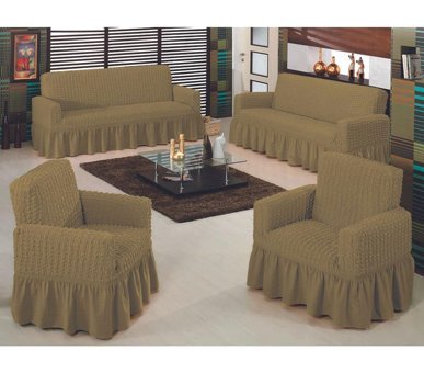 Bilgiçler Pamuklu - Polyester Bürümcük Fırfırlı Süngersiz Giydirmeli Lastikli Kahverengi Dörtlü Koltuk Örtüsü 183x230 cm