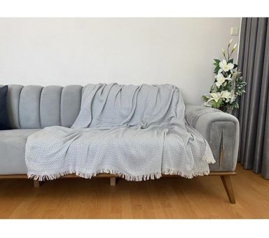Niks Home Pamuklu Saçaklı Süngersiz Geometrik Desenli Gri Tekli Koltuk Örtüsü 170x210 cm