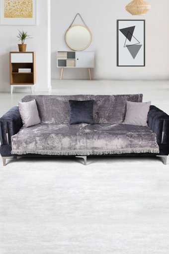 Bonny Home Kadife Saçaklı Süngersiz Gri Tekli Koltuk Örtüsü 220x180 cm