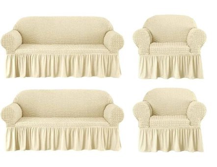 Kırören Polyester Bürümcük Fırfırlı Süngersiz Çizgili Giydirmeli Bej Dörtlü Koltuk Örtüsü 200x250 cm