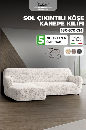 Paulato Mikrofiber Likralı Jakarlı Süngersiz Çizgili Giydirmeli Beyaz Üçlü Koltuk Örtüsü 180x350 cm