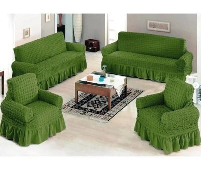Uytm Polyester Bürümcük-Likralı Drapeli Süngerli Çizgili Giydirmeli Yeşil Dörtlü Koltuk Örtüsü 180x230 cm
