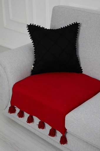 Aisha's Design KO-19-T Polyester Örgü Püsküllü Süngersiz Düz Kırmızı Tekli Koltuk Örtüsü 34x48 cm