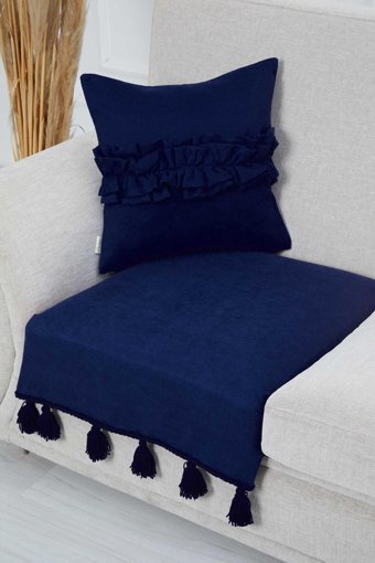 Aisha's Design KO-26-T Polyester Örgü Püsküllü Süngersiz Düz Lacivert Tekli Koltuk Örtüsü 90x75 cm