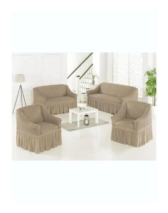 Furkanticaret Polyester Bürümcük-Likralı Süngersiz Düz Giydirmeli Bej 3-2-1-1 Koltuk Örtüsü 230x180 cm