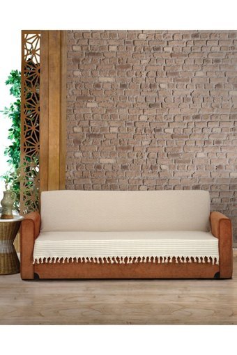 Genç Uludağ Pamuklu Püsküllü Süngersiz Çizgili Vizon Tekli Koltuk Örtüsü 180x220 cm
