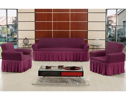Altınkoza Pamuklu Likralı Fırfırlı Süngersiz Petek Desenli Giydirmeli Lastikli Mor Dörtlü Koltuk Örtüsü 170x210 cm