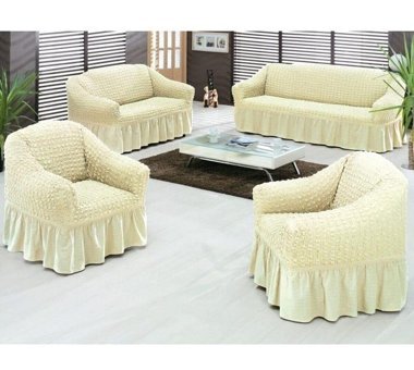 Nusret Pamuklu Bürümcük Fırfırlı Süngersiz Kareli Giydirmeli Bej Dörtlü Koltuk Örtüsü 180x230 cm