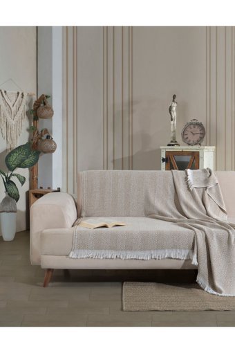 Lux Touch Lily Pamuklu Püsküllü Süngersiz Geometrik Desenli Hardal Tekli Koltuk Örtüsü 150x200 cm