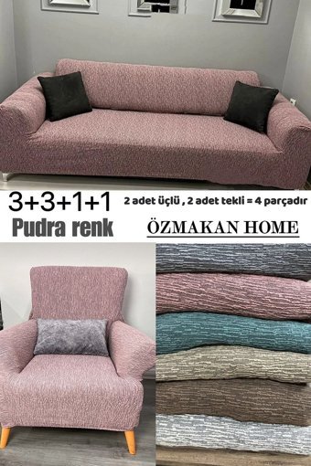 Özmakan Pamuklu - Polyester Likralı Jakarlı Süngersiz Çizgili Giydirmeli Pembe Tekli Koltuk Örtüsü 185x220 cm