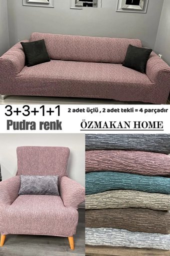 Özmakan Pamuklu - Polyester Likralı Jakarlı Süngersiz Çizgili Giydirmeli Pembe Tekli Koltuk Örtüsü 185x220 cm