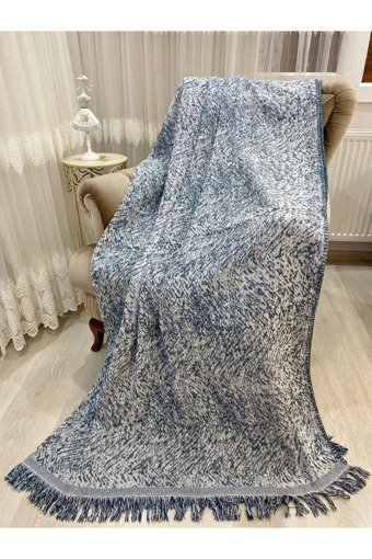Özlü Home Pamuklu Örgü Saçaklı Süngersiz Kamuflaj Desenli Mavi Tekli Koltuk Örtüsü 170x350 cm