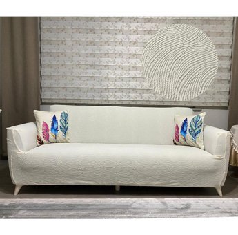 Uyumev Polyester Bürümcük-Likralı Jakarlı Süngerli Çizgili Giydirmeli Bej Tekli Koltuk Örtüsü 180x230 cm