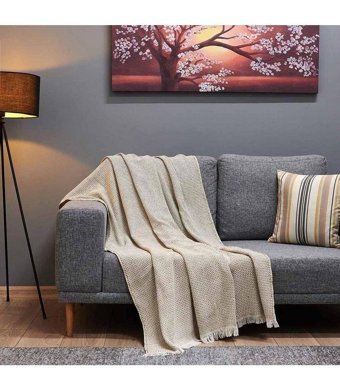 Buca Yün Pamuklu - Polyester Likralı Jakarlı Süngersiz Armürlü Bej Üçlü Koltuk Örtüsü 130x170 cm