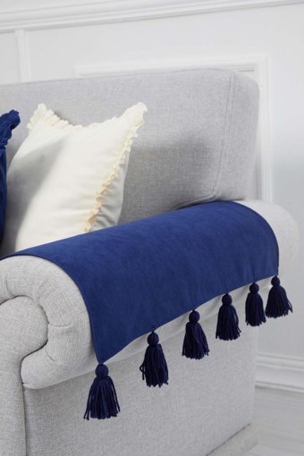 Aisha's Design KC-4 Polyester Örgü Püsküllü Süngersiz Düz Mavi İkili Koltuk Örtüsü 65x57 cm