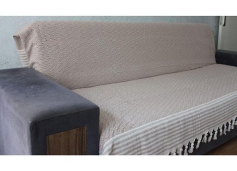 Coperta Pamuklu Kanvas Püsküllü Süngersiz Armürlü Kahverengi Üçlü Koltuk Örtüsü 180x215 cm