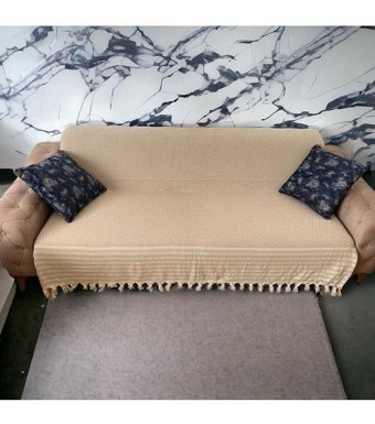 Taşkın Home Pamuklu Polar Saçaklı Süngersiz Geometrik Desenli Bej Tekli Koltuk Örtüsü 220x180 cm