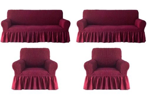 Nera Home Pamuklu - Polyester Bürümcük Fırfırlı Süngersiz Geometrik Desenli Giydirmeli Bordo Dörtlü Koltuk Örtüsü 183x230 cm