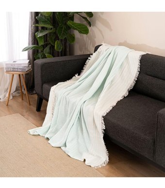 Dafne Moda Naturel Pamuklu Kanvas Saçaklı Süngersiz Armürlü Yeşil Üçlü Koltuk Örtüsü 170x210 cm
