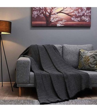Buca Yün Pamuklu - Polyester Kanvas Jakarlı Süngersiz Armürlü Siyah Üçlü Koltuk Örtüsü 170x230 cm