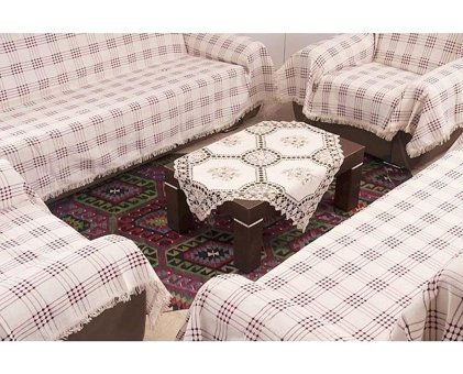 Buldan Pamuklu Kanvas Saçaklı Süngersiz Ekoseli Bordo Sekizli Koltuk Örtüsü 175x300 cm