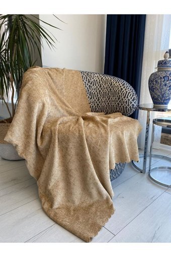 Koçhan Manifatura Pamuklu Jakarlı Süngerli Çizgili Bej Tekli Koltuk Örtüsü 175x215 cm