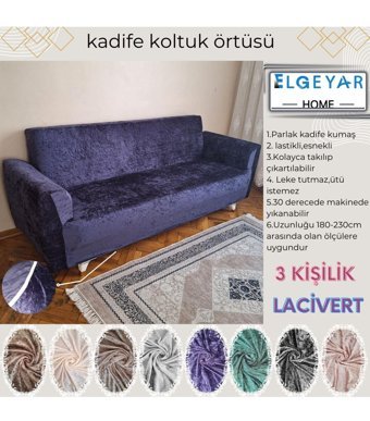 Elgeyar Kadife Likralı Jakarlı Süngersiz Armürlü Giydirmeli Lacivert Üçlü Koltuk Örtüsü 180x230 cm
