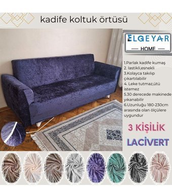 Elgeyar Kadife Likralı Jakarlı Süngersiz Armürlü Giydirmeli Lacivert Üçlü Koltuk Örtüsü 180x230 cm