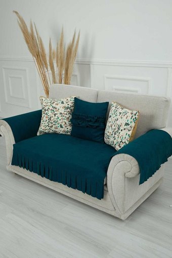 Aisha's Design KTK-4 Polyester Örgü Pileli Süngersiz Düz Mavi İkili Koltuk Örtüsü 34x48 cm