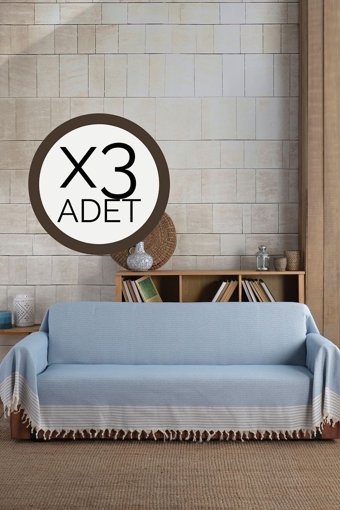 Lux Touch Pamuklu Püsküllü Süngersiz Geometrik Desenli Mavi Üçlü Koltuk Örtüsü 180x300 cm
