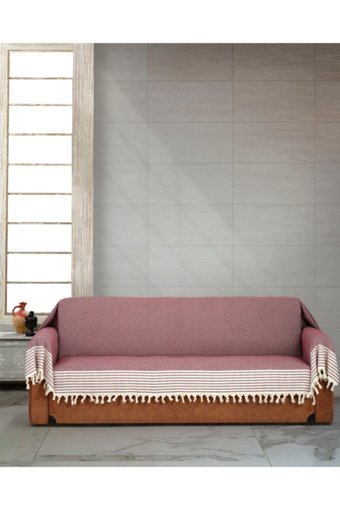 Genç Uludağ Pamuklu Püsküllü Süngersiz Çizgili Bordo Tekli Koltuk Örtüsü 180x300 cm