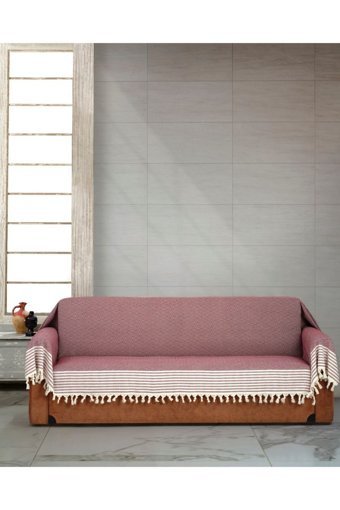 Genç Uludağ Pamuklu Püsküllü Süngersiz Çizgili Bordo Tekli Koltuk Örtüsü 180x300 cm
