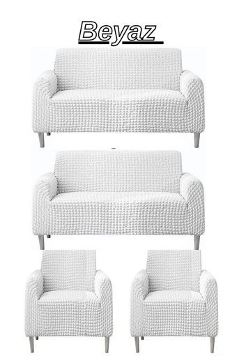 Uytm Polyester Bürümcük-Likralı Süngerli Çizgili Giydirmeli Beyaz Dörtlü Koltuk Örtüsü 180x230 cm