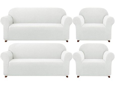 Bemrax Polyester Likralı Süngersiz Pitikare Desenli Giydirmeli Lastikli Su Geçirmez Beyaz Dörtlü Koltuk Örtüsü 180x230 cm