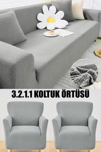 İntil Pamuklu - Polyester Likralı Süngersiz Tuğla Desenli Giydirmeli Krem 3-2-1-1 Koltuk Örtüsü 180x230 cm