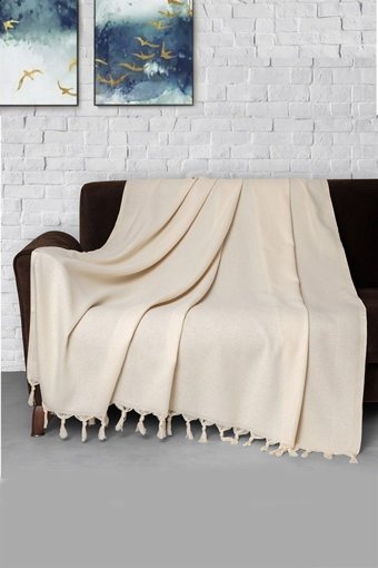 Denizli Concept Pamuklu - Polyester Kanvas Püsküllü Süngersiz Armürlü Bej Üçlü Koltuk Örtüsü 170x230 cm