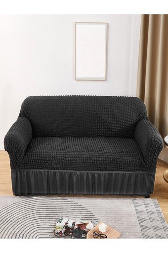 Bright Home Polyester Bürümcük Jakarlı Süngersiz Armürlü Giydirmeli Lastikli Siyah Üçlü Koltuk Örtüsü 115x175 cm